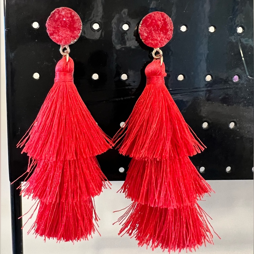 Statement earrings, red and gold, matches HOC Geranium, warm red.